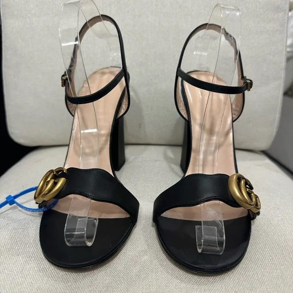 Gucci Marmont GG Black Leather Heeled Sandal size 40 Authentic Classic - Picture 3 of 9